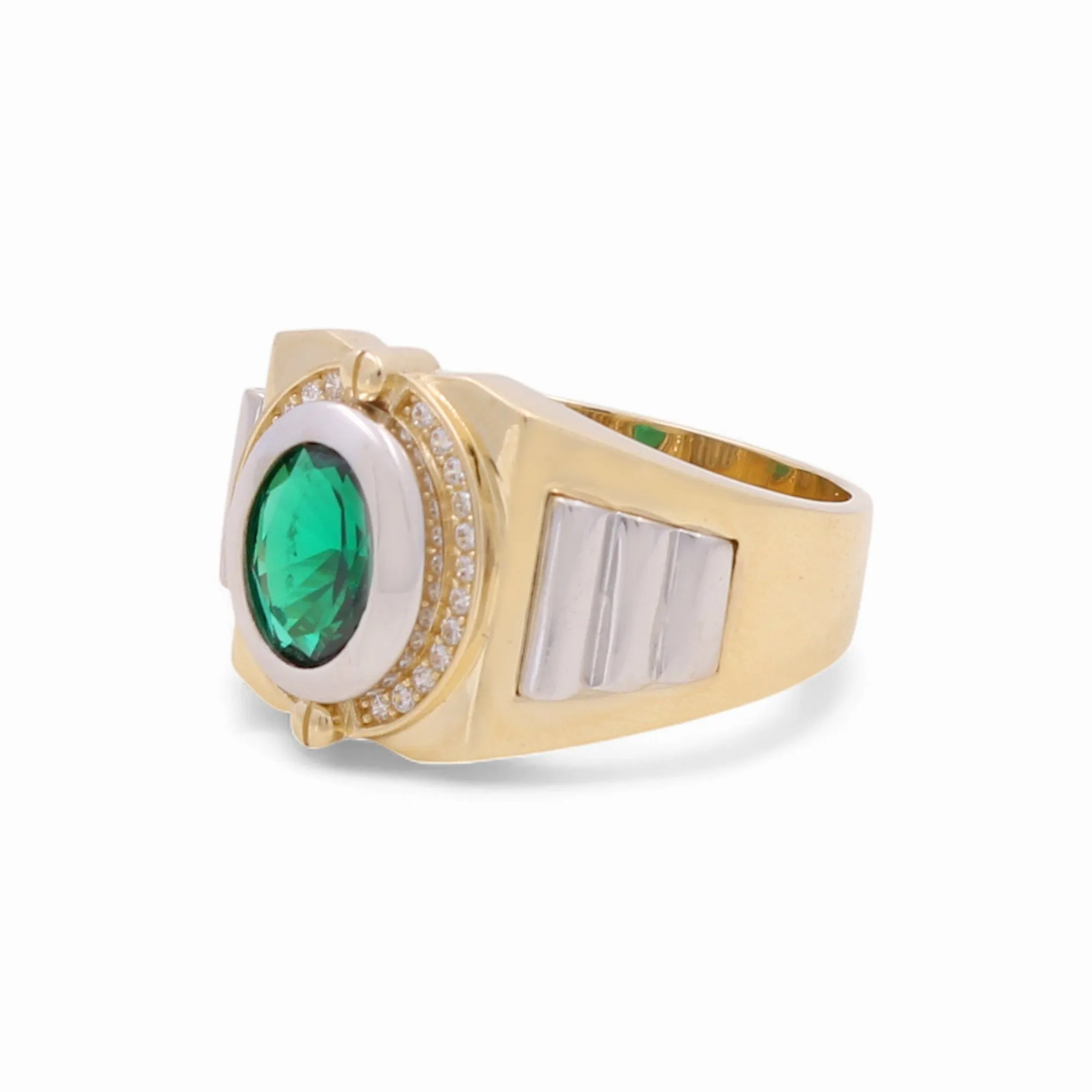 14K Yellow and White Gold Fashion Men's Ring with Green Cz / Size: 10 / Weight: 7.7 GR / KEEMRTT4FS