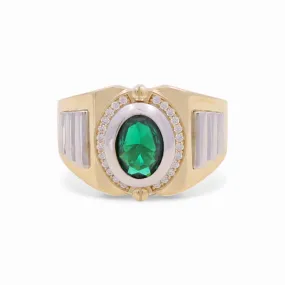 14K Yellow and White Gold Fashion Men's Ring with Green Cz / Size: 10 / Weight: 7.7 GR / KEEMRTT4FS