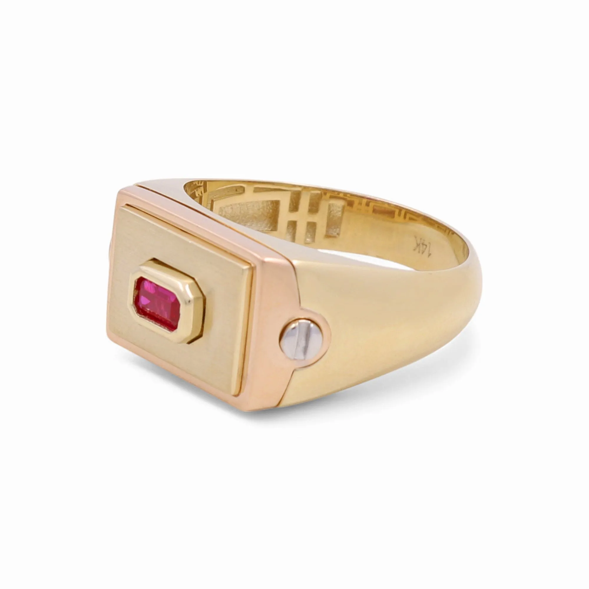 14K Yellow, White and Rose Gold Fashion Men's Ring with Red Cz / Size: 11 / Weight: 5.1 GR / DPMR3T4FS-1