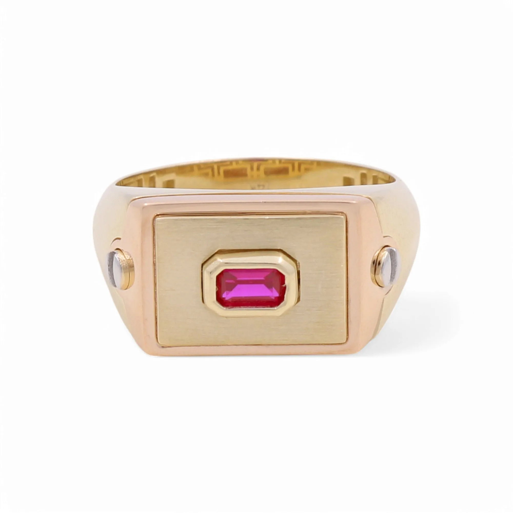 14K Yellow, White and Rose Gold Fashion Men's Ring with Red Cz / Size: 11 / Weight: 5.1 GR / DPMR3T4FS-1