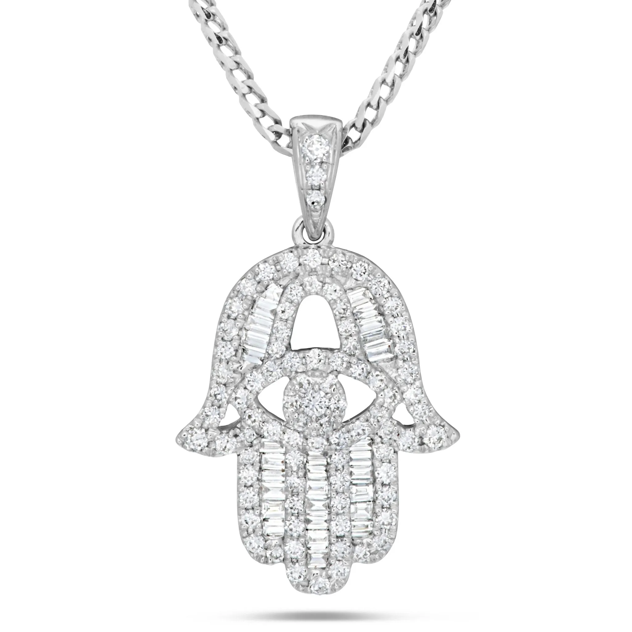 18K White Gold 0.61ct Baguette Diamond Hamsa Pendant