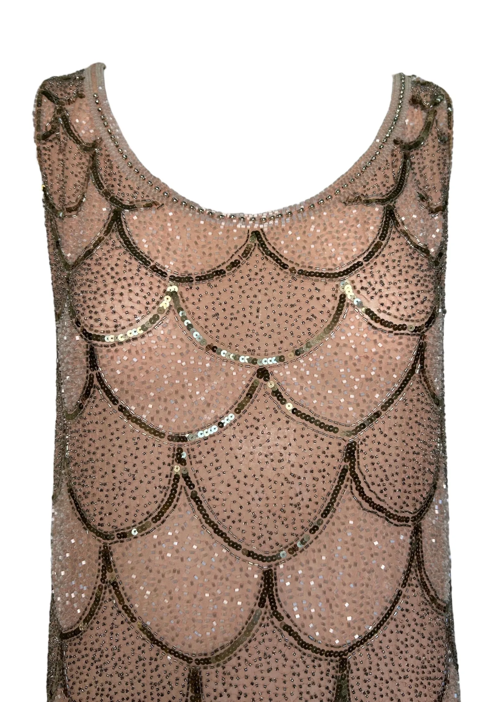 1920s Peachy Pink Intricately Beaded Cotton Flapper Gown