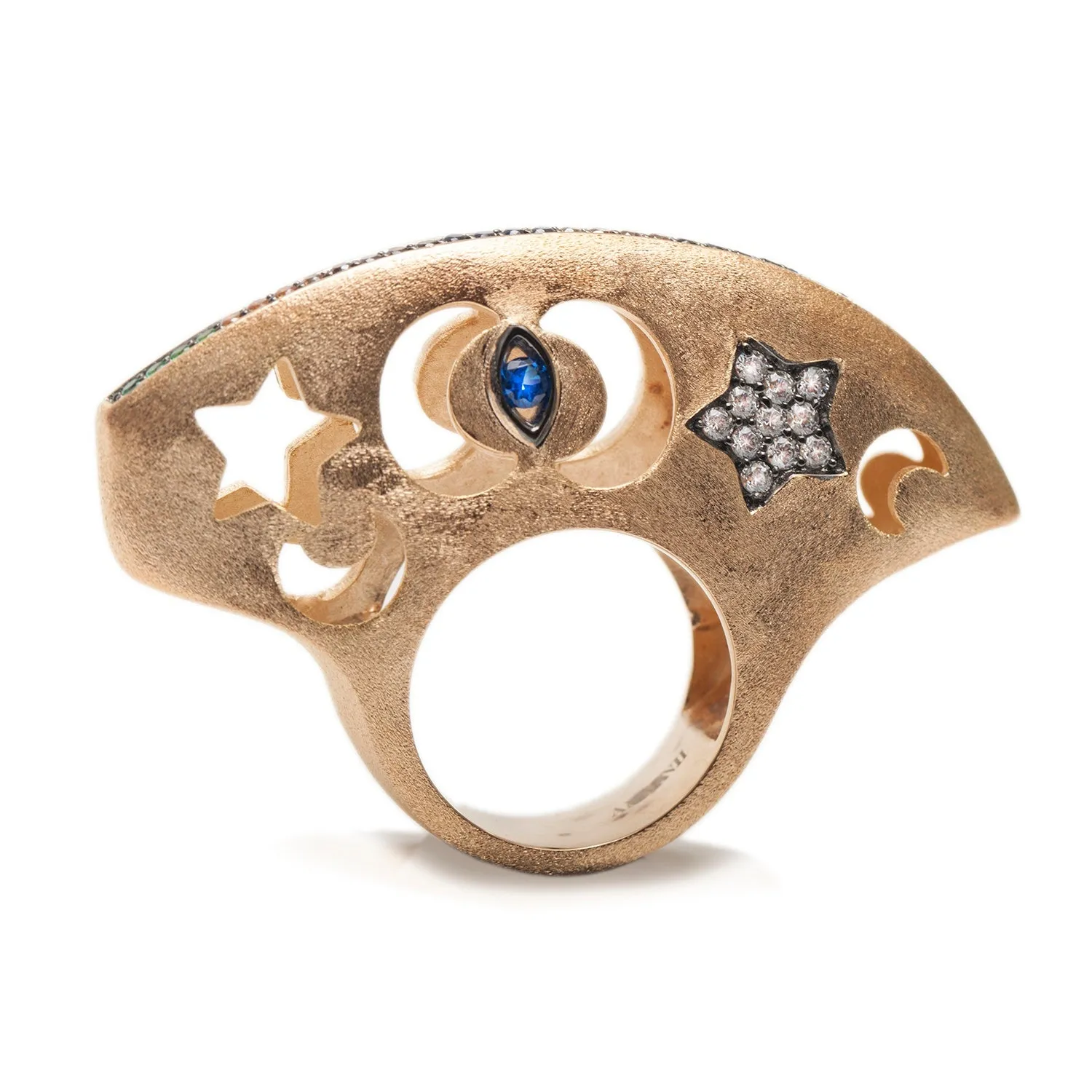 AMMANII Statement Dome Ring with Carved Stars and Moons in Vermeil Gold