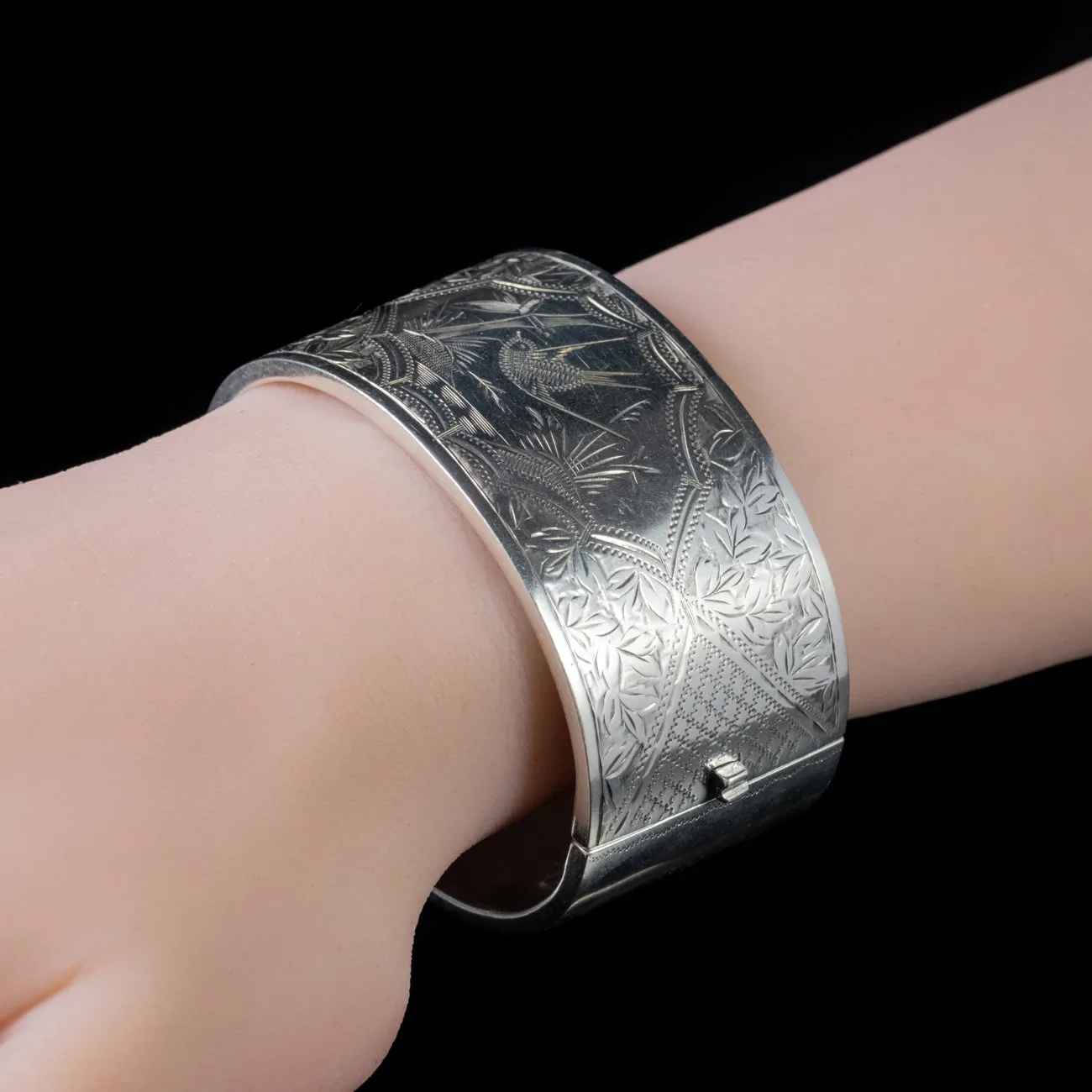 Antique Victorian Ivy Swallow Bangle Sterling Silver Dated 1861