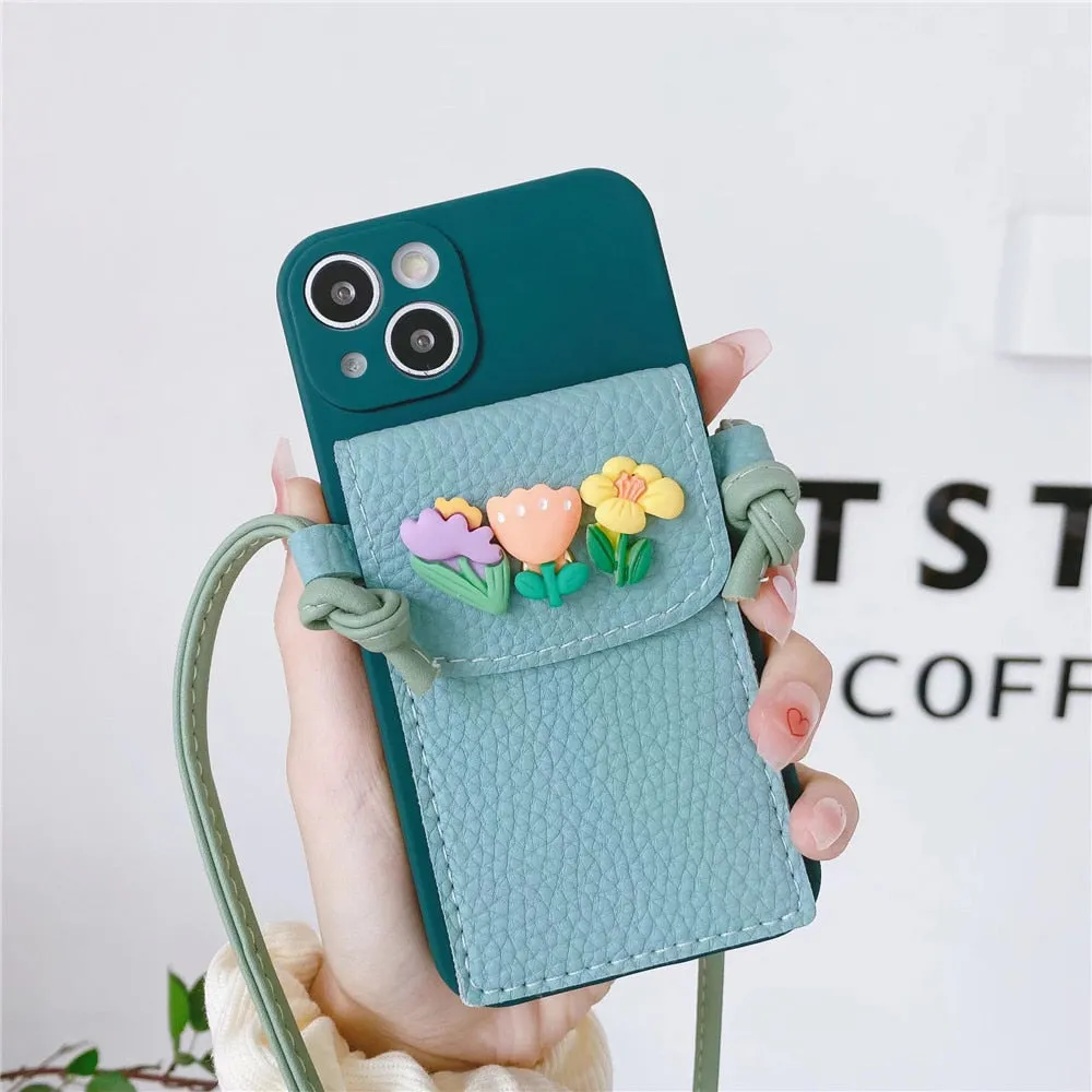Anymob iPhone Blue Crossbody Lanyard Rope Card Slot Holder Case Flowers Soft Silicone Cover
