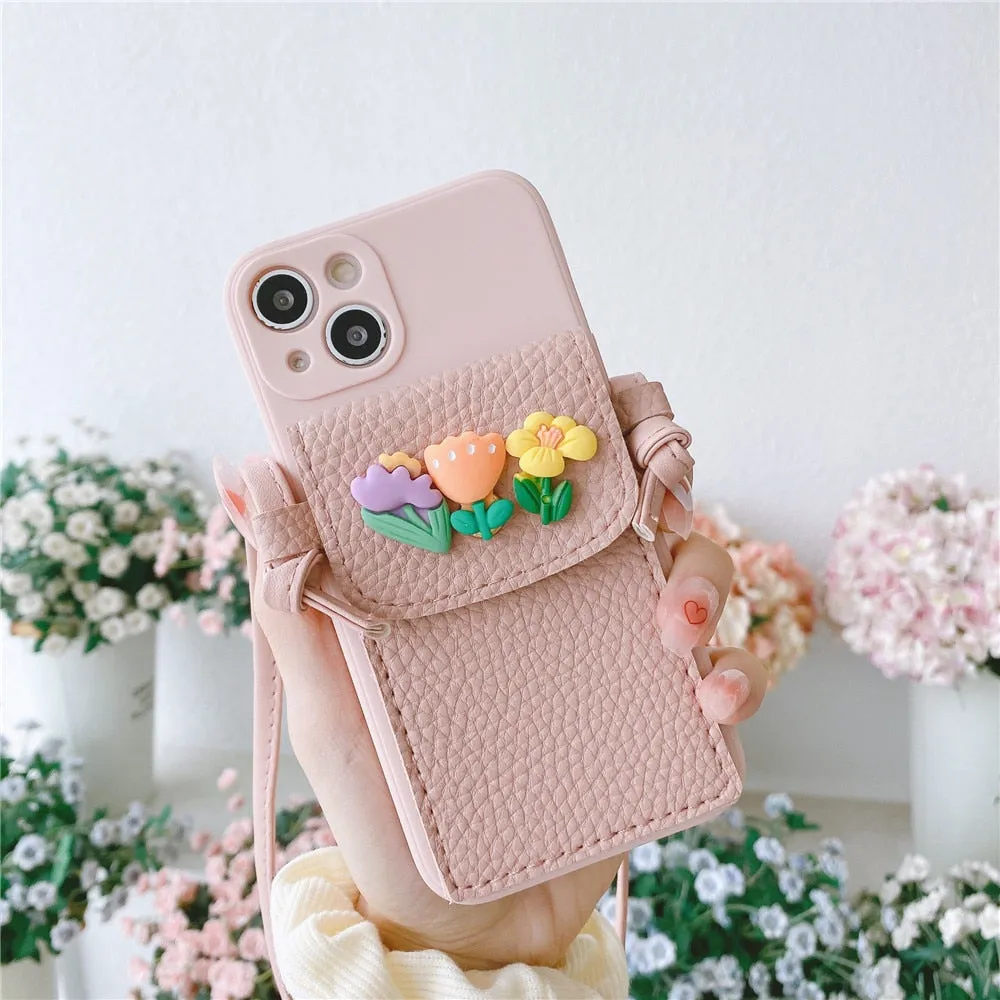 Anymob iPhone Blue Crossbody Lanyard Rope Card Slot Holder Case Flowers Soft Silicone Cover