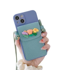 Anymob iPhone Blue Crossbody Lanyard Rope Card Slot Holder Case Flowers Soft Silicone Cover