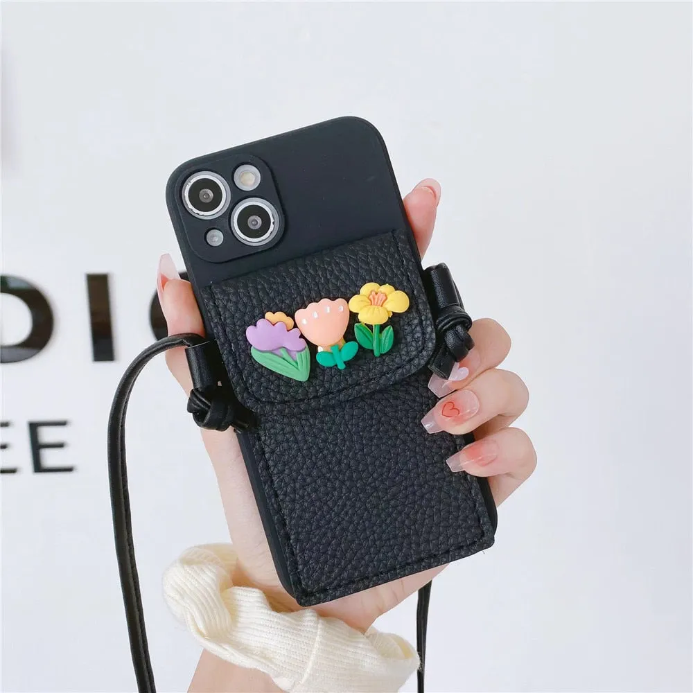 Anymob iPhone Blue Crossbody Lanyard Rope Card Slot Holder Case Flowers Soft Silicone Cover