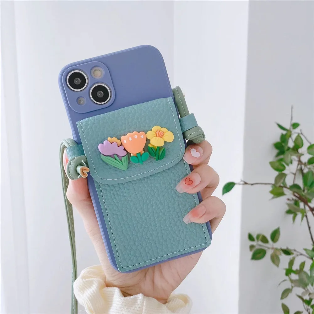 Anymob iPhone Blue Crossbody Lanyard Rope Card Slot Holder Case Flowers Soft Silicone Cover