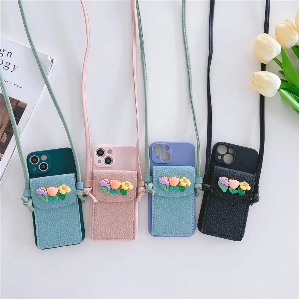 Anymob iPhone Blue Crossbody Lanyard Rope Card Slot Holder Case Flowers Soft Silicone Cover