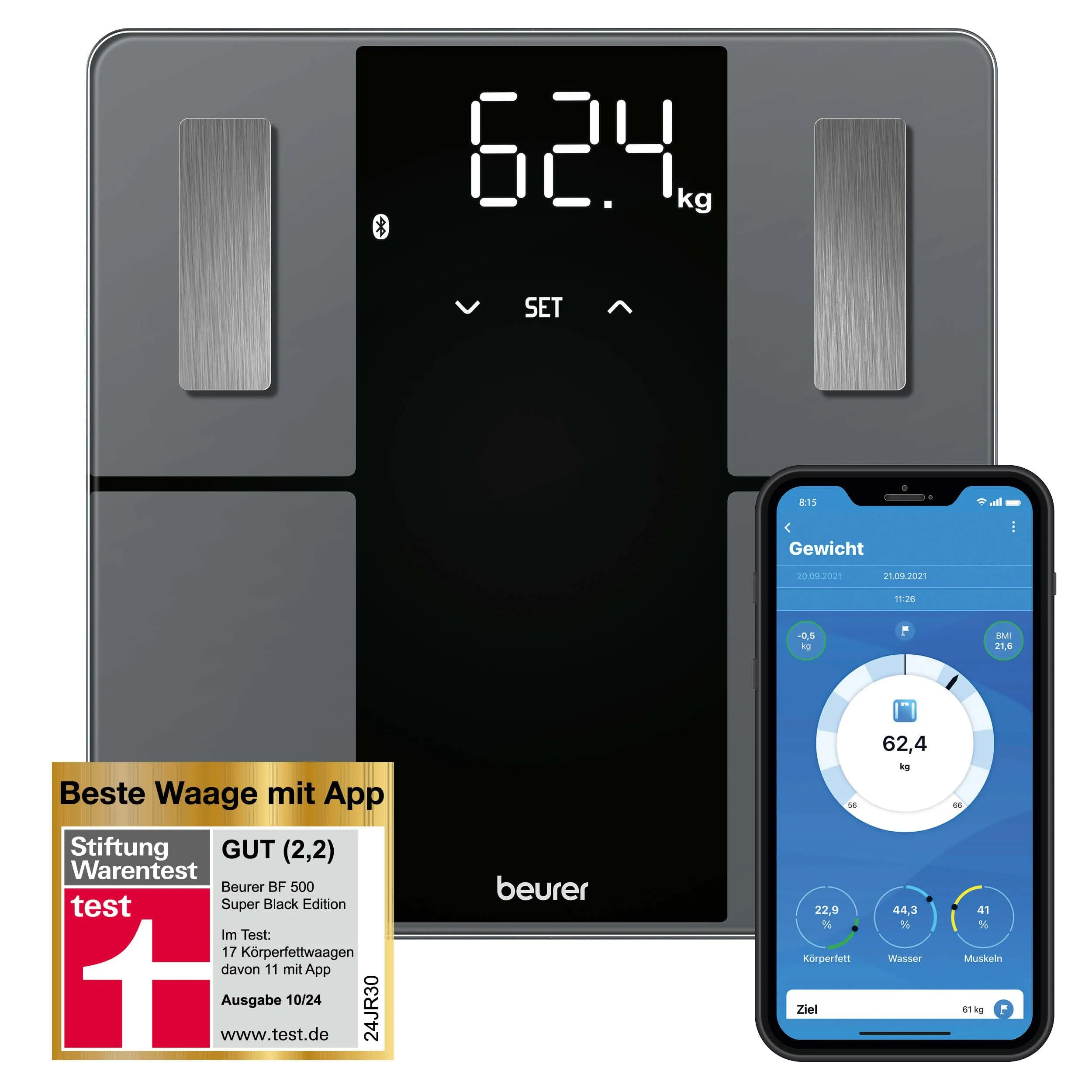 Beurer BF 500 diagnostic scales with Bluetooth and app, digital body fat scales with 180 kg load capacity, analysis scales for measuring body fat, muscle percentage, calorie requirements etc., XL display Bluetooth connection   large display