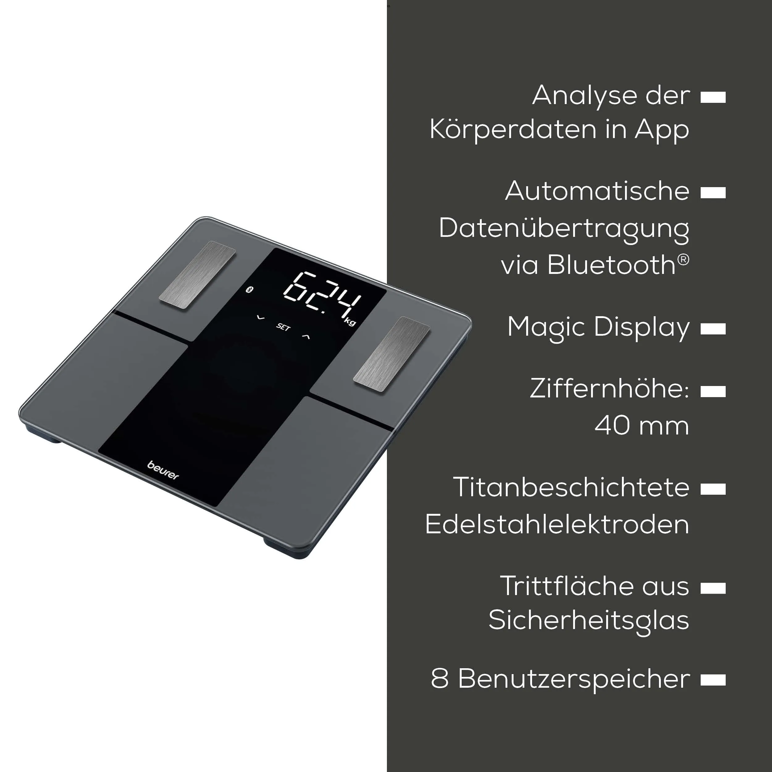 Beurer BF 500 diagnostic scales with Bluetooth and app, digital body fat scales with 180 kg load capacity, analysis scales for measuring body fat, muscle percentage, calorie requirements etc., XL display Bluetooth connection   large display