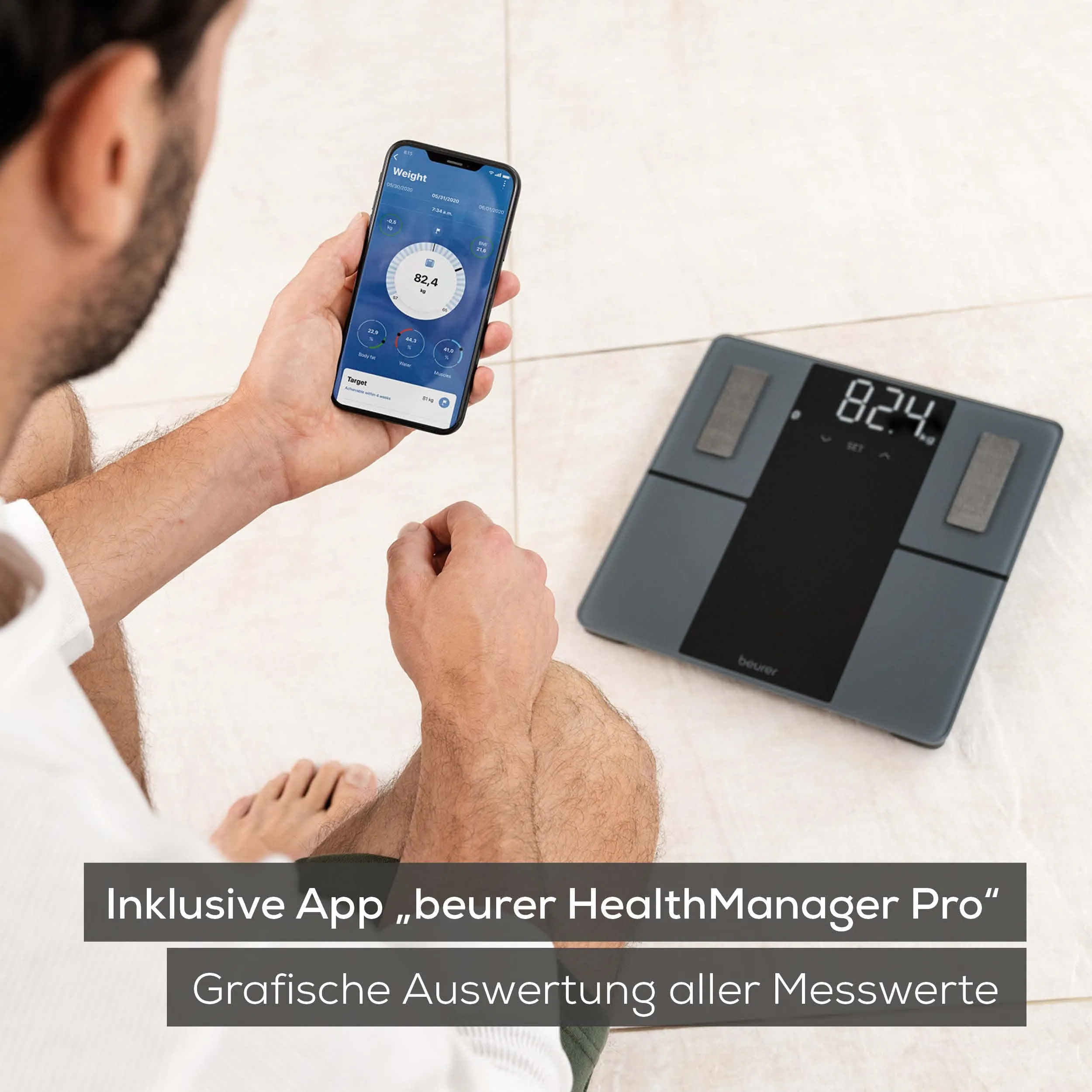 Beurer BF 500 diagnostic scales with Bluetooth and app, digital body fat scales with 180 kg load capacity, analysis scales for measuring body fat, muscle percentage, calorie requirements etc., XL display Bluetooth connection   large display