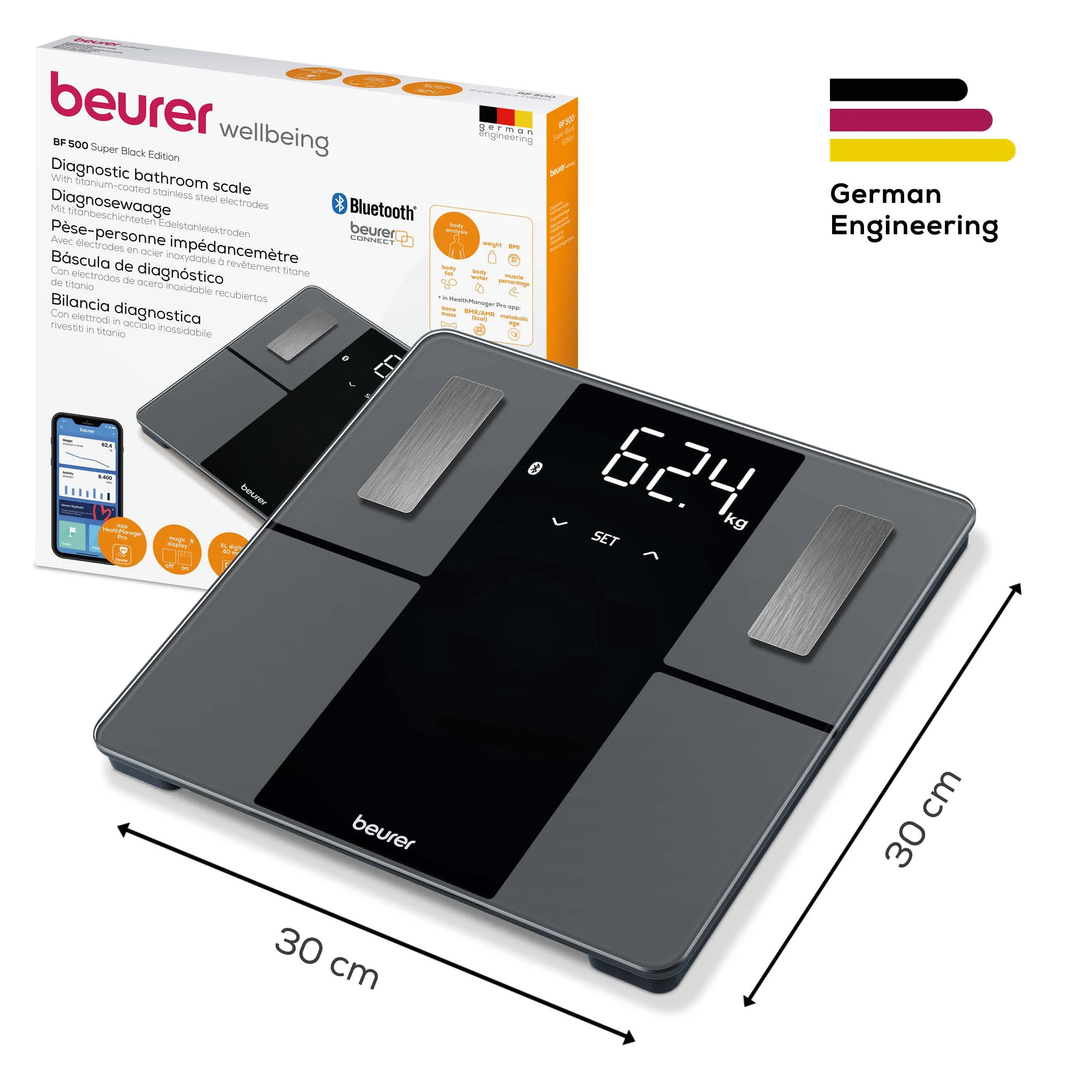Beurer BF 500 diagnostic scales with Bluetooth and app, digital body fat scales with 180 kg load capacity, analysis scales for measuring body fat, muscle percentage, calorie requirements etc., XL display Bluetooth connection   large display