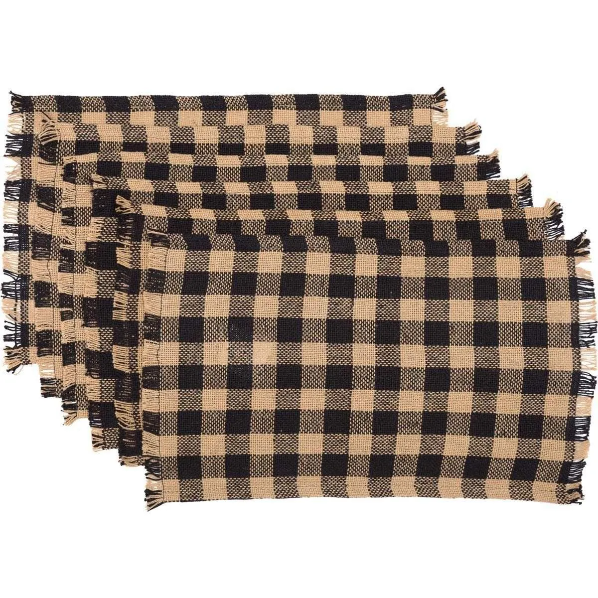 Burlap Black Check Placemat Fringed Set of 6