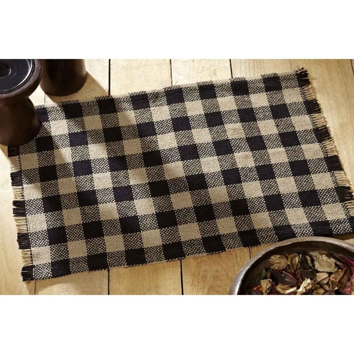 Burlap Black Check Placemat Fringed Set of 6