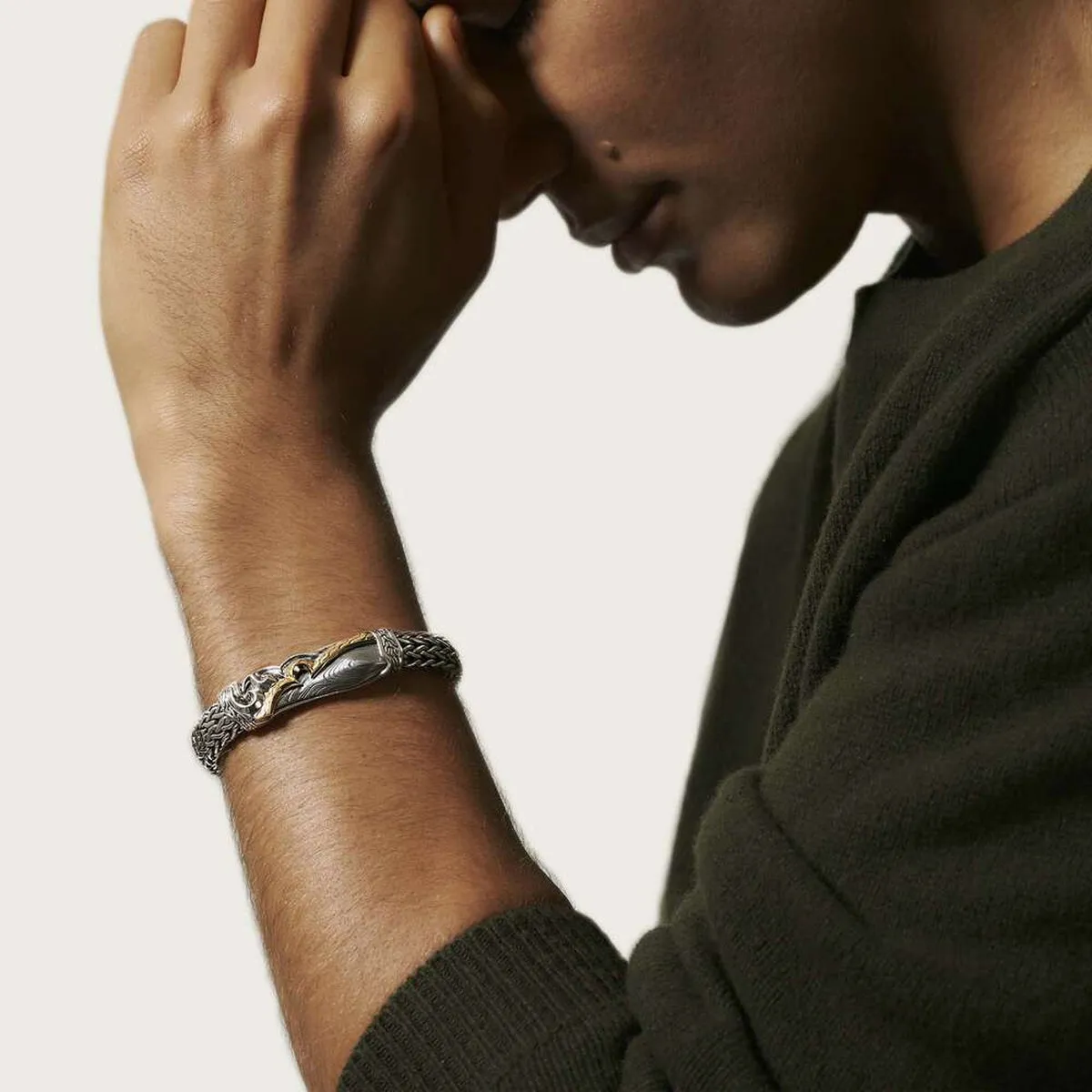 Classic Chain Mens Yellow Gold, Silver & Damascus Steel Bracelet - BMZ90468STL