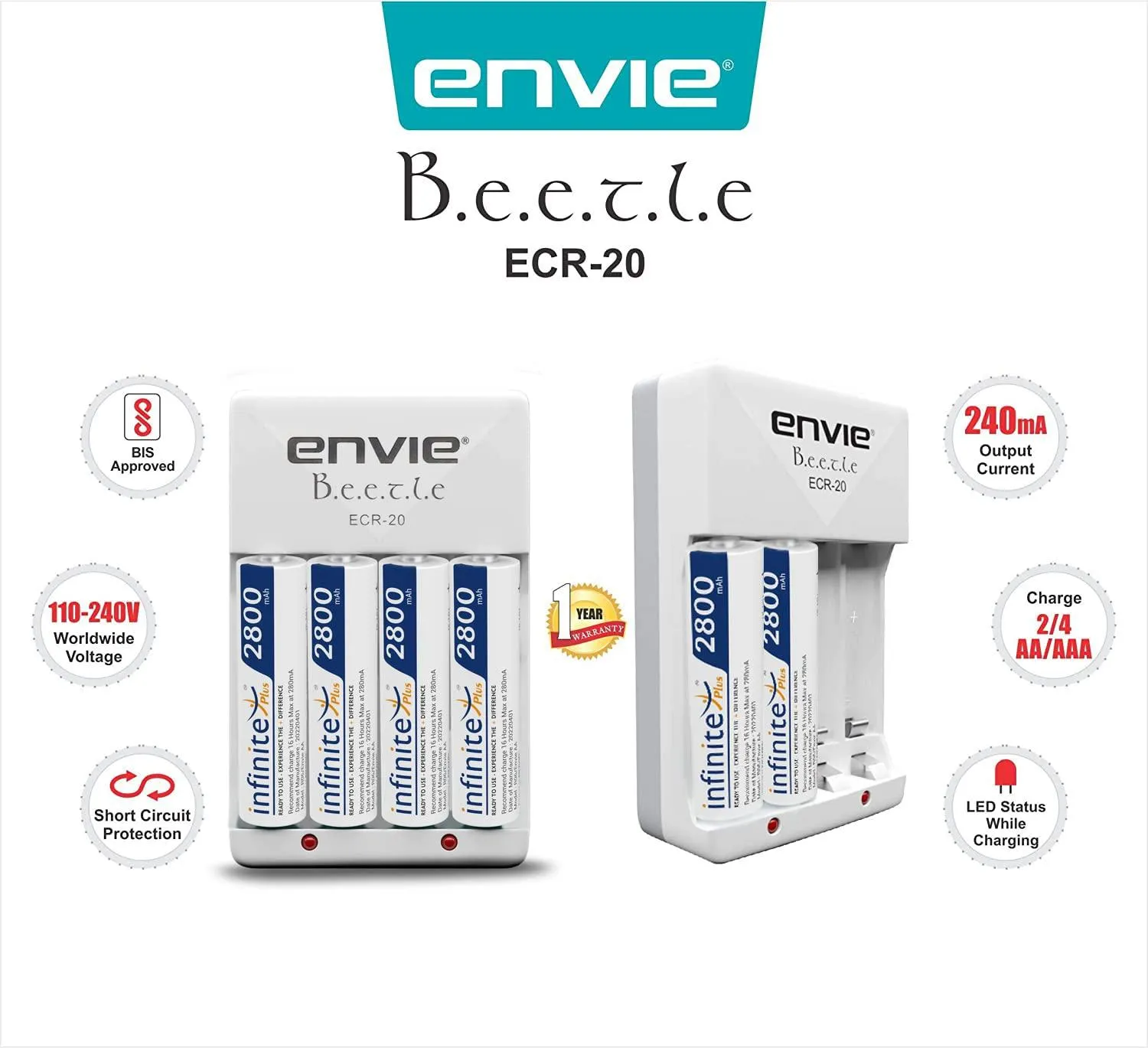 ENVIE (ECR20 AA2800 4PL) Charger for AA & AAA Rechargeable Batteries