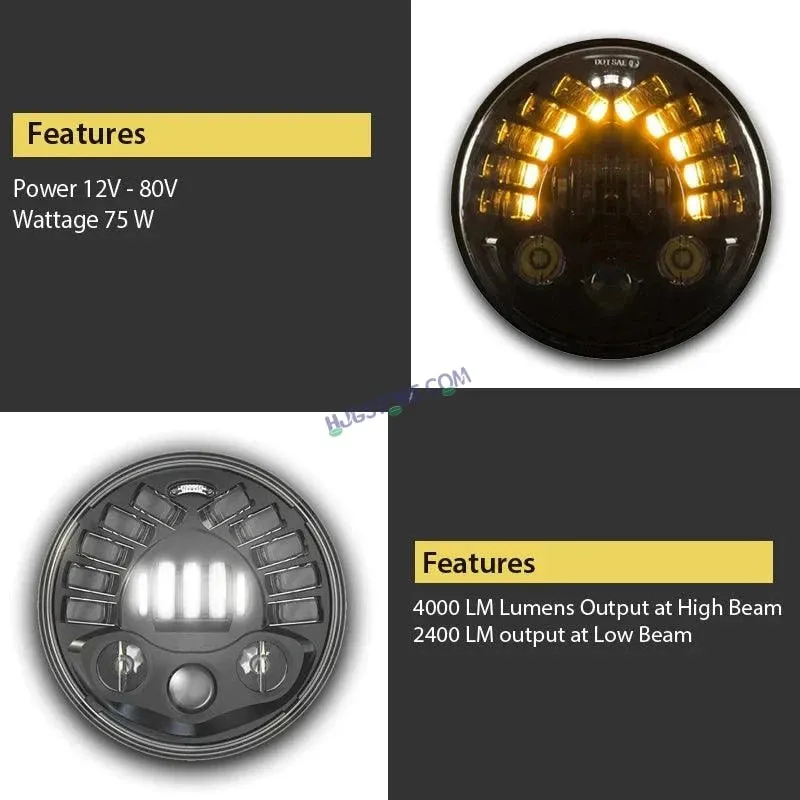HJG 7 Inch Round Headlight with Turn Signal Indicator & Hi/Low Beam for Bullet, Mahindra Thar