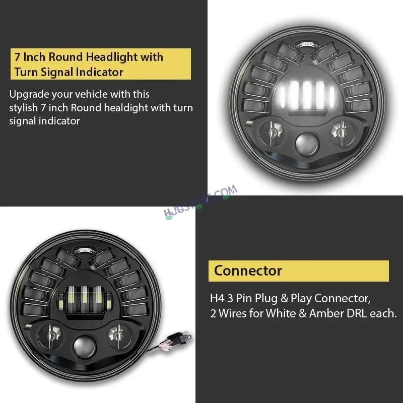 HJG 7 Inch Round Headlight with Turn Signal Indicator & Hi/Low Beam for Bullet, Mahindra Thar