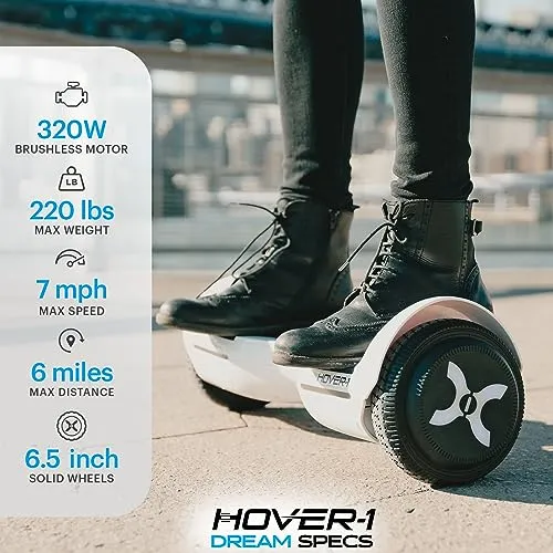Hover-1 Dream Electric Hoverboard | 7MPH Top Speed, 6 Mile Range, Long Lasting Lithium-Ion Battery, 5HR Full Charge, Rider Modes: Beginner to Expert, Red, 25 x 9 x 9