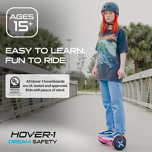 Hover-1 Dream Electric Hoverboard | 7MPH Top Speed, 6 Mile Range, Long Lasting Lithium-Ion Battery, 5HR Full Charge, Rider Modes: Beginner to Expert, Red, 25 x 9 x 9