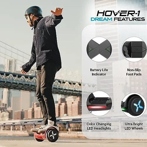 Hover-1 Dream Electric Hoverboard | 7MPH Top Speed, 6 Mile Range, Long Lasting Lithium-Ion Battery, 5HR Full Charge, Rider Modes: Beginner to Expert, Red, 25 x 9 x 9