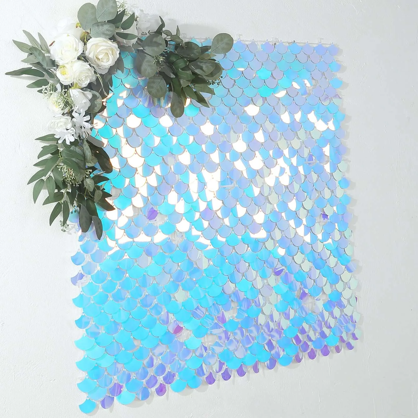 Iridescent Blue Mermaid Scales Sequin Shimmer Wall Photo Backdrop Panels, Shiny Party Wall Art Décor 24 Panels - 24sq.ft