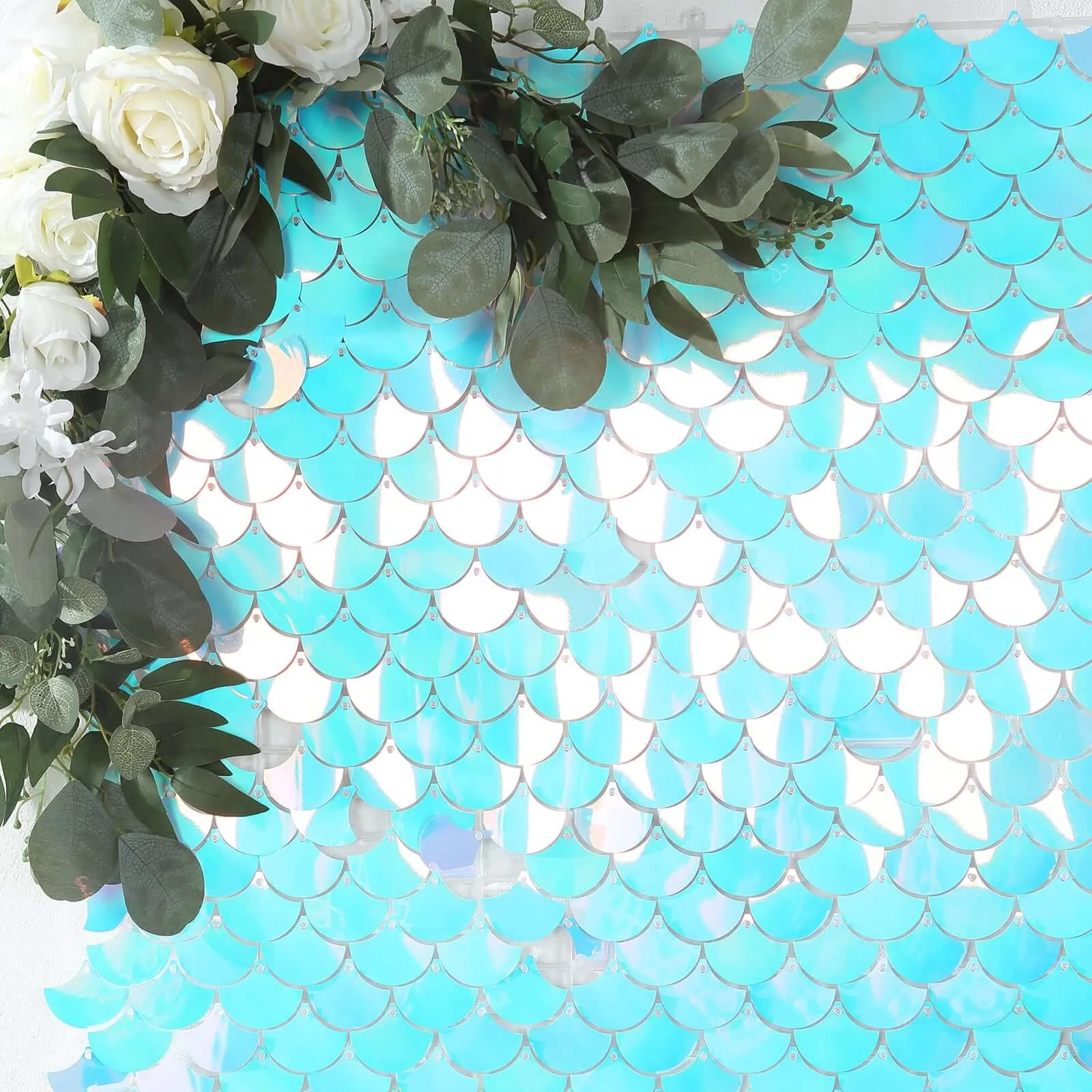 Iridescent Blue Mermaid Scales Sequin Shimmer Wall Photo Backdrop Panels, Shiny Party Wall Art Décor 24 Panels - 24sq.ft