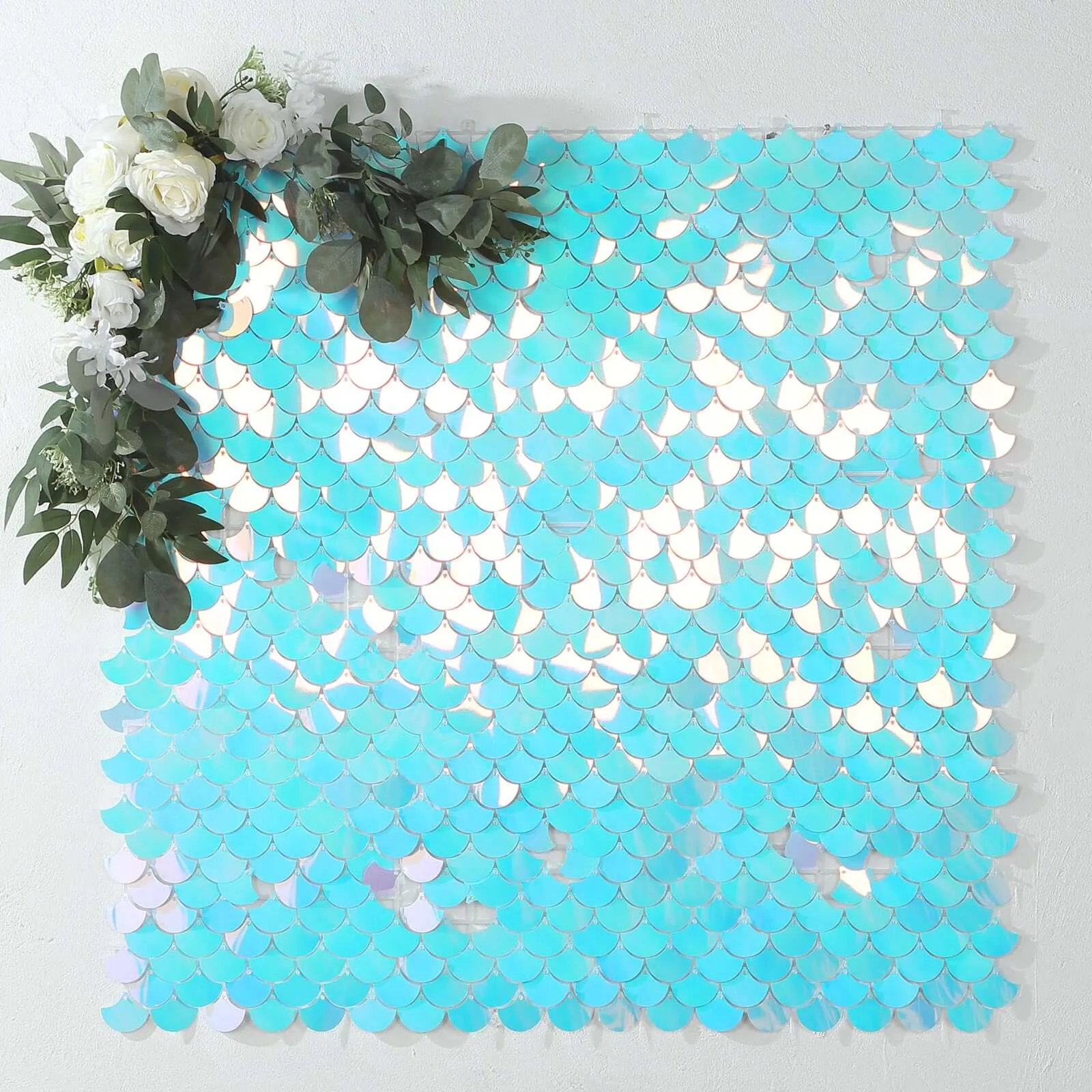 Iridescent Blue Mermaid Scales Sequin Shimmer Wall Photo Backdrop Panels, Shiny Party Wall Art Décor 24 Panels - 24sq.ft