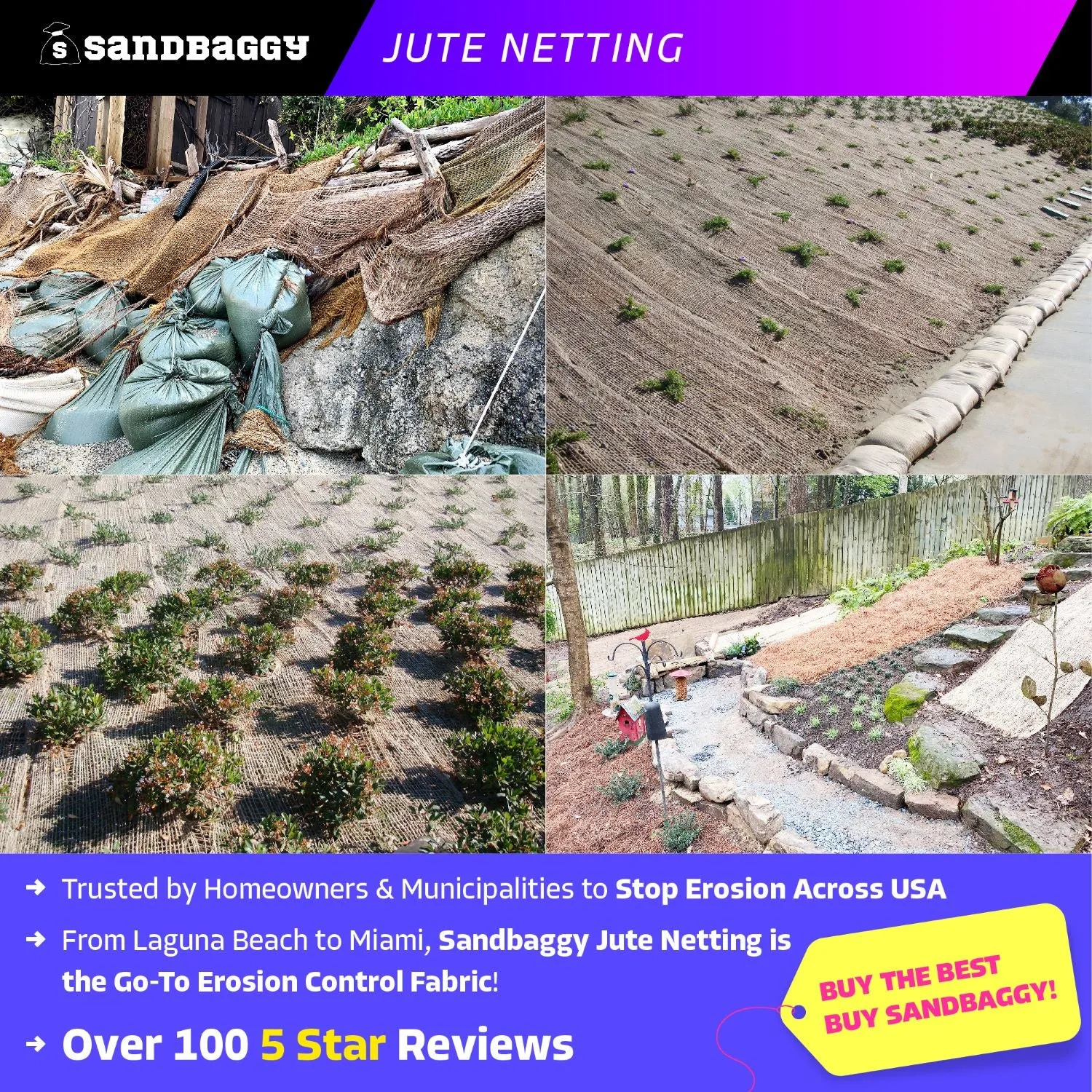 Jute Netting - Erosion Control (Biodegradable) - 4 ft or 8 ft Wide (Lasts 6-24 mo)