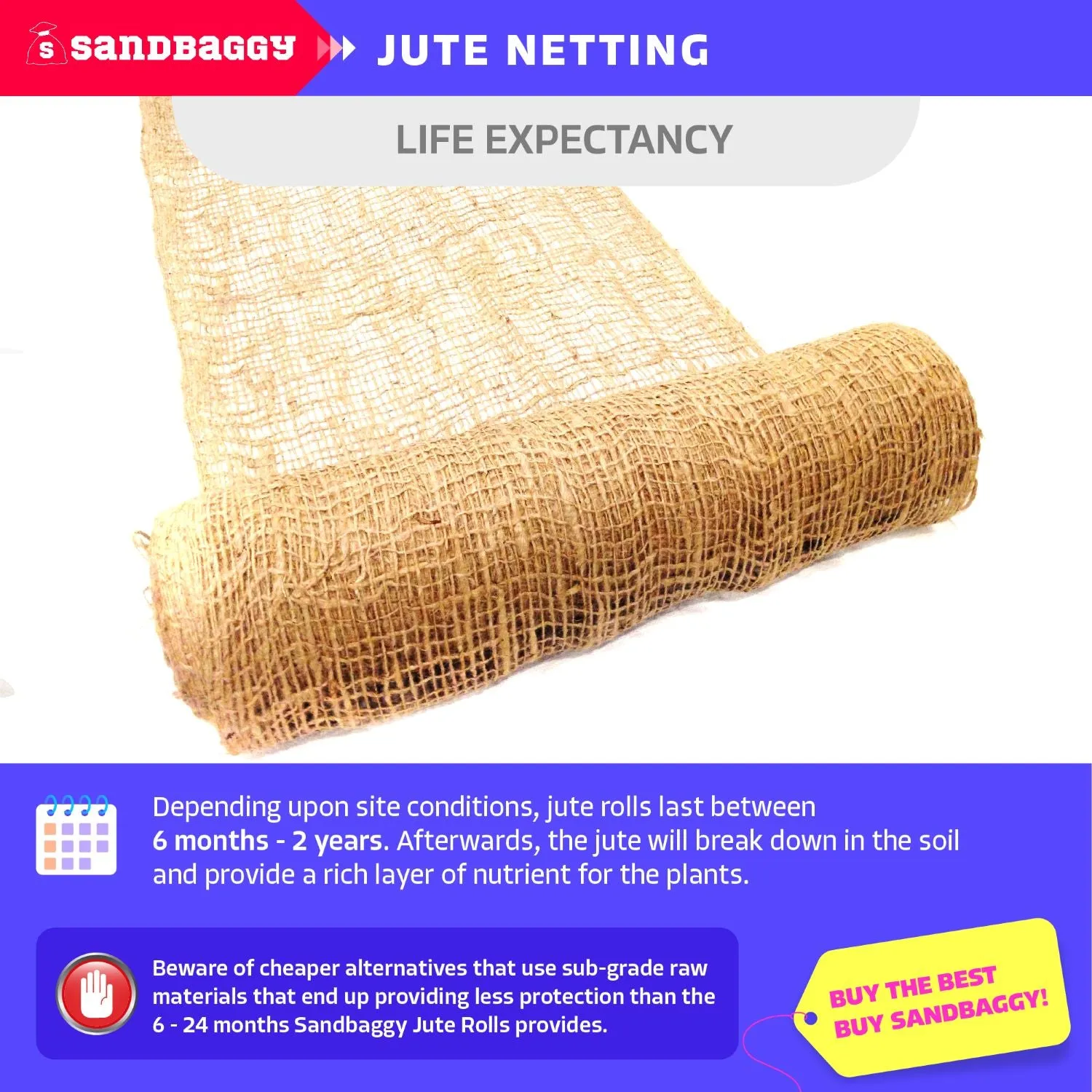 Jute Netting - Erosion Control (Biodegradable) - 4 ft or 8 ft Wide (Lasts 6-24 mo)