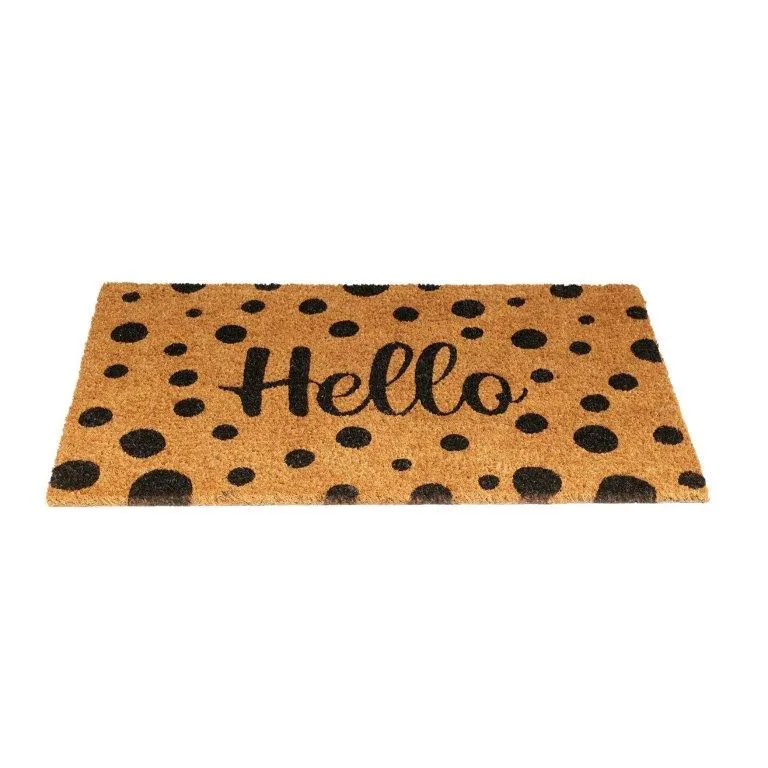 OnlyMat Black Polka Dot Hello Printed Natural Coir Entrance Door Mat