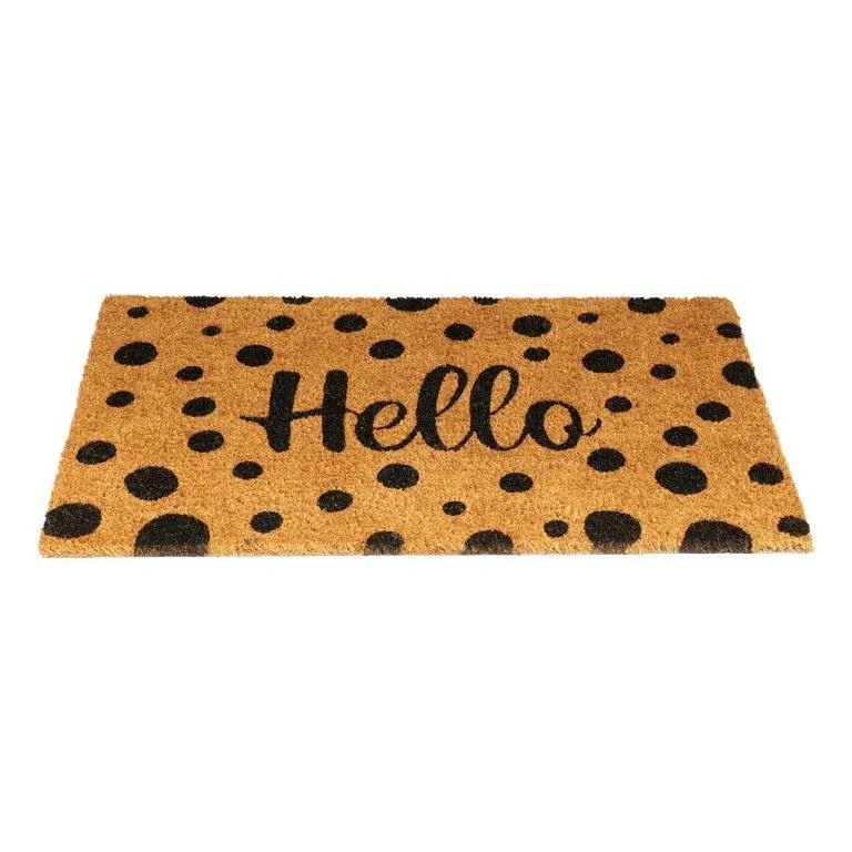 OnlyMat Black Polka Dot Hello Printed Natural Coir Entrance Door Mat