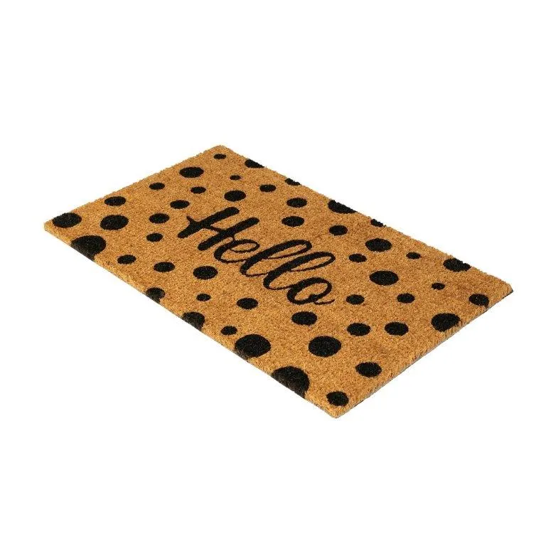 OnlyMat Black Polka Dot Hello Printed Natural Coir Entrance Door Mat