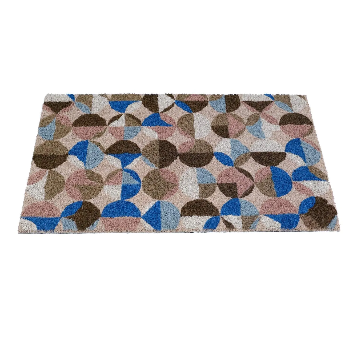 OnlyMat Small Circle Pattern Pastel Colour Blue and Brown Design Printed Natural Coir Door Mat