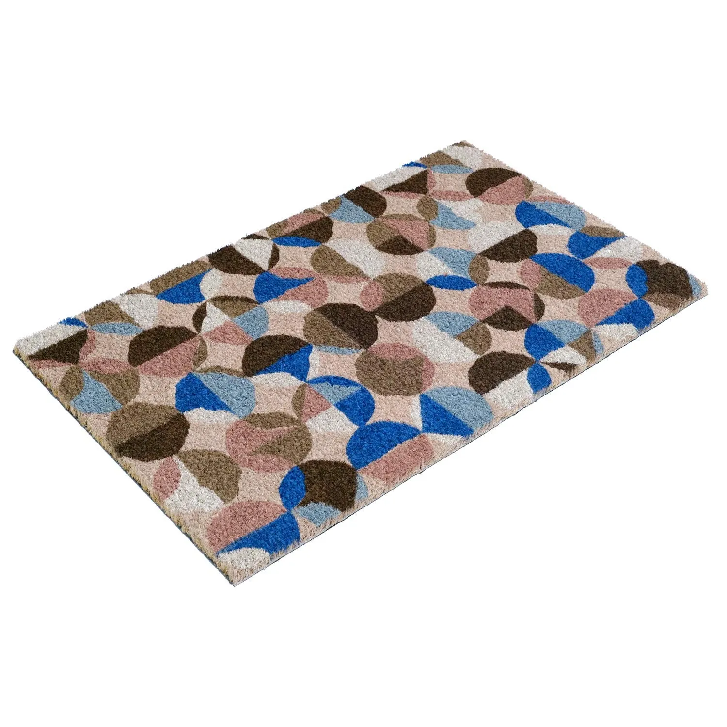 OnlyMat Small Circle Pattern Pastel Colour Blue and Brown Design Printed Natural Coir Door Mat