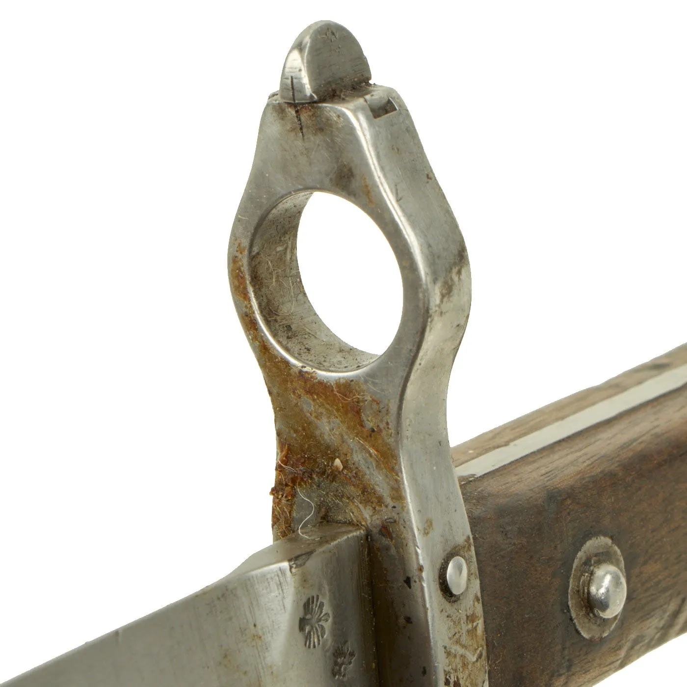 Original Austrian WWI Mannlicher M1895 Rifle Bayonet by ŒWG Steyr with Sight on Muzzle Ring & Scabbard