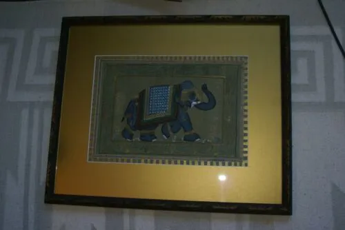 ORIGINAL GONGBI MUGHAL ART BEAUTIFUL FRAMED LARGE PERSIAN INK MINIATURE PAINTING ON SILK FROM NEPAL EXTREMELY DETAILED RENDITION OF COURT ELEPHANT IN ORNATE GARB DFN12 DECORATOR DESIGNER COLLECTOR WALL ART HOME DECOR 23”X19”