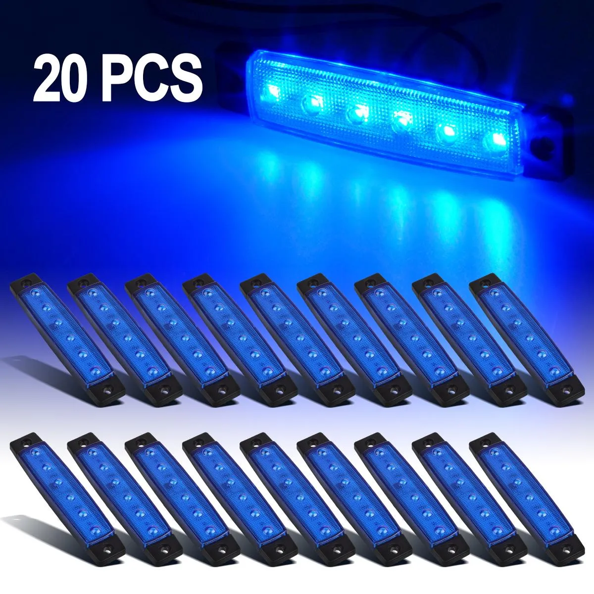 Partsam 20PCS 3.8inch Blue Led Marker Clearance light Truck Trailer Boat Lights Indicators Deco., Thin Line Led Cab Marker Truck Lorry Van RV Camper Parts Taillight License Plate Light Lamp 6led