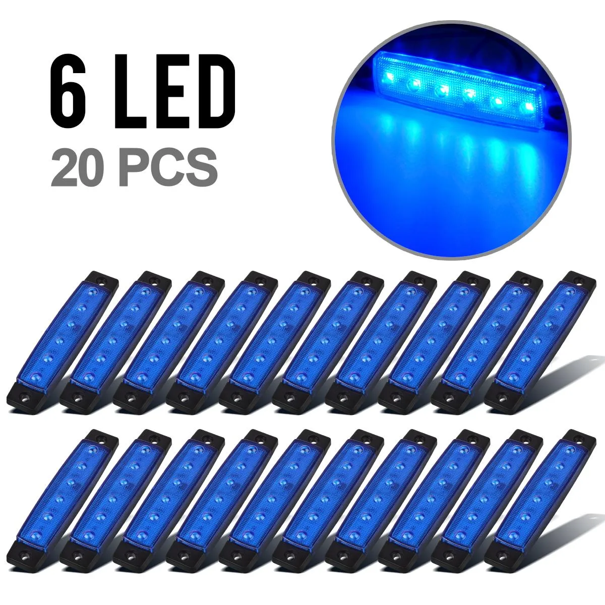 Partsam 20PCS 3.8inch Blue Led Marker Clearance light Truck Trailer Boat Lights Indicators Deco., Thin Line Led Cab Marker Truck Lorry Van RV Camper Parts Taillight License Plate Light Lamp 6led
