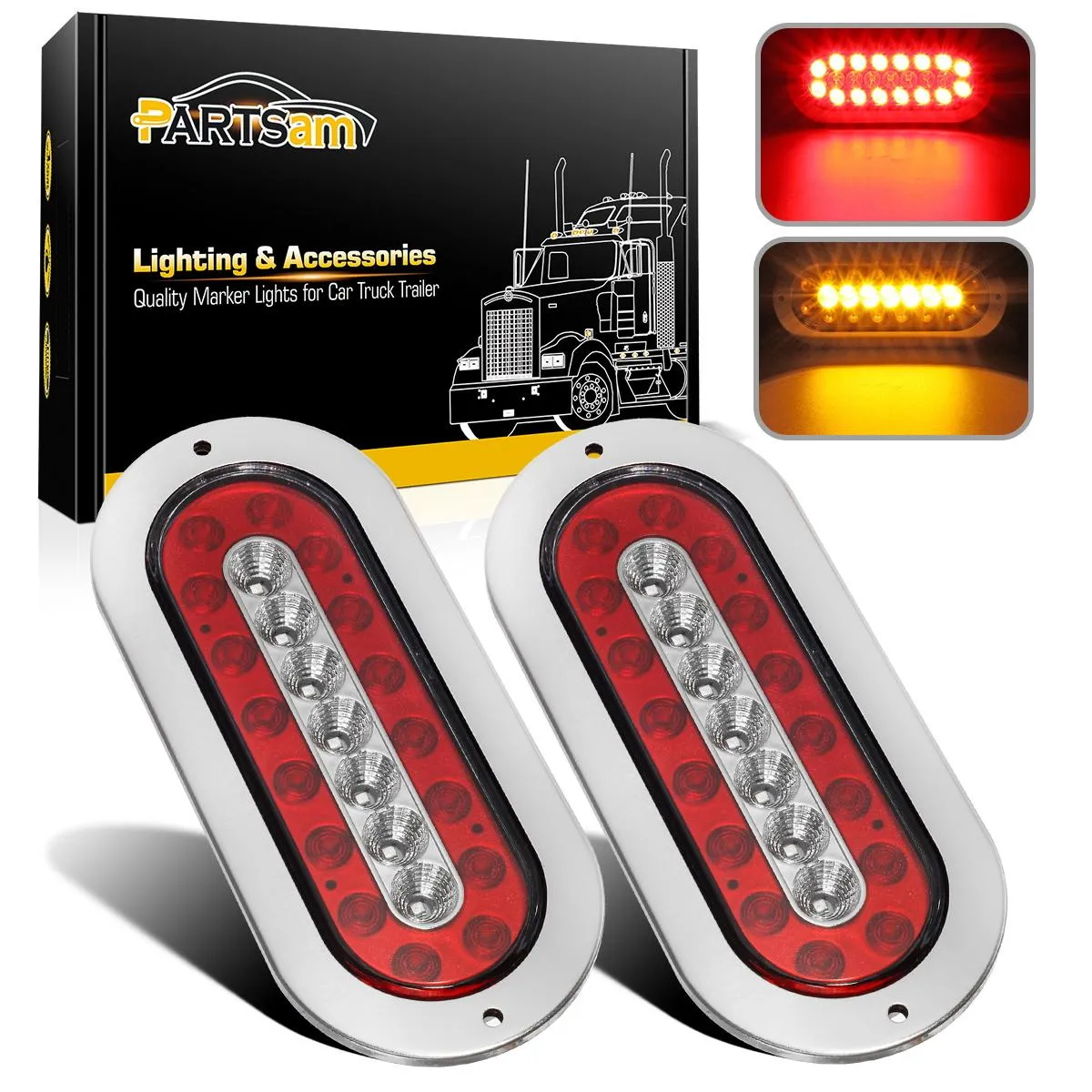 Partsam 2Pcs 6.5inch Oval Led Trailer Tail Lights with Indicators 23 LED Flange Mount Combo Red Stop Turn Brake Tail Running Lights Taillights Amber Parking Indicator Lights Sealed w/Reflectors 12V DC