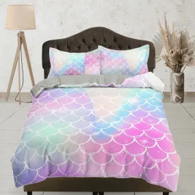 Pastel colored mermaid scales rainbow toddler bedding, duvet cover for nursery kids, crib bedding, baby zipper bedding, king queen full twin