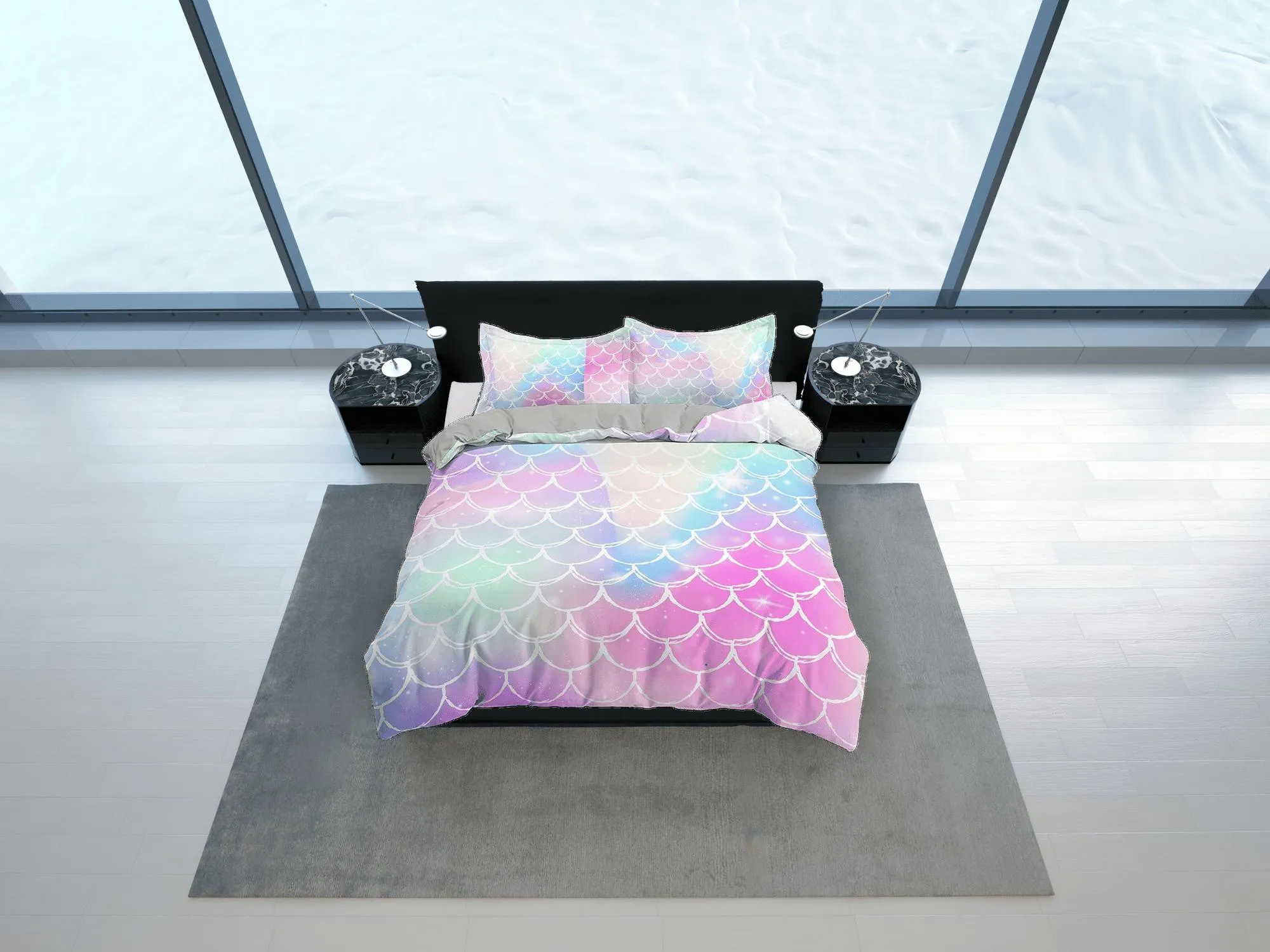 Pastel colored mermaid scales rainbow toddler bedding, duvet cover for nursery kids, crib bedding, baby zipper bedding, king queen full twin