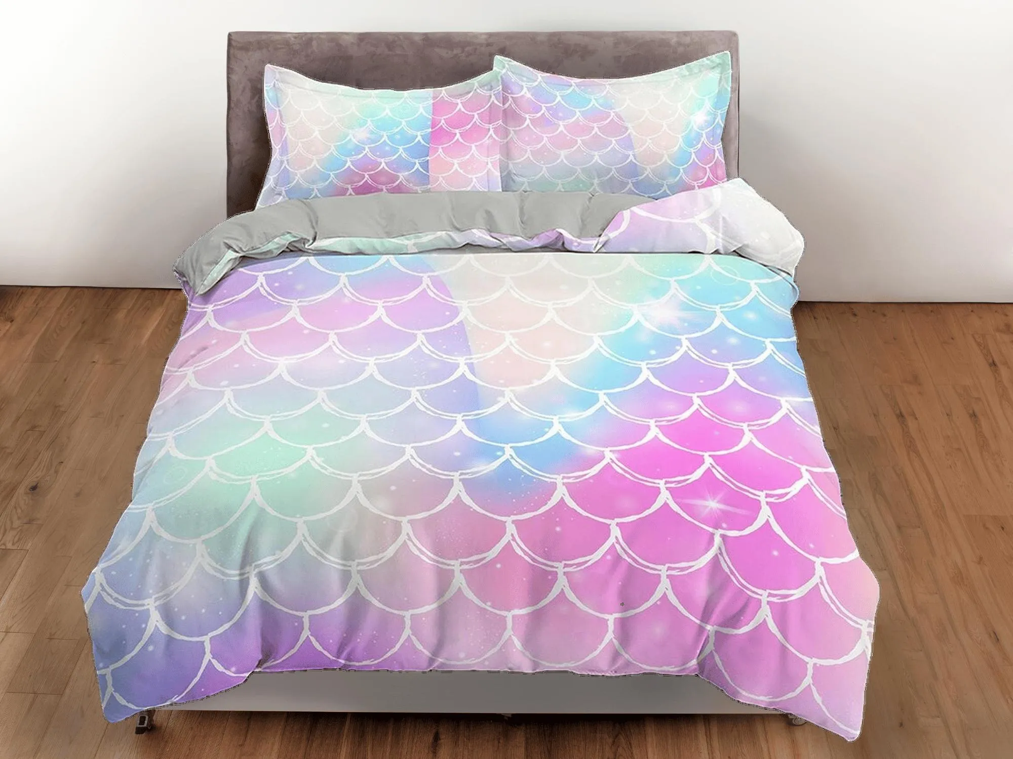 Pastel colored mermaid scales rainbow toddler bedding, duvet cover for nursery kids, crib bedding, baby zipper bedding, king queen full twin