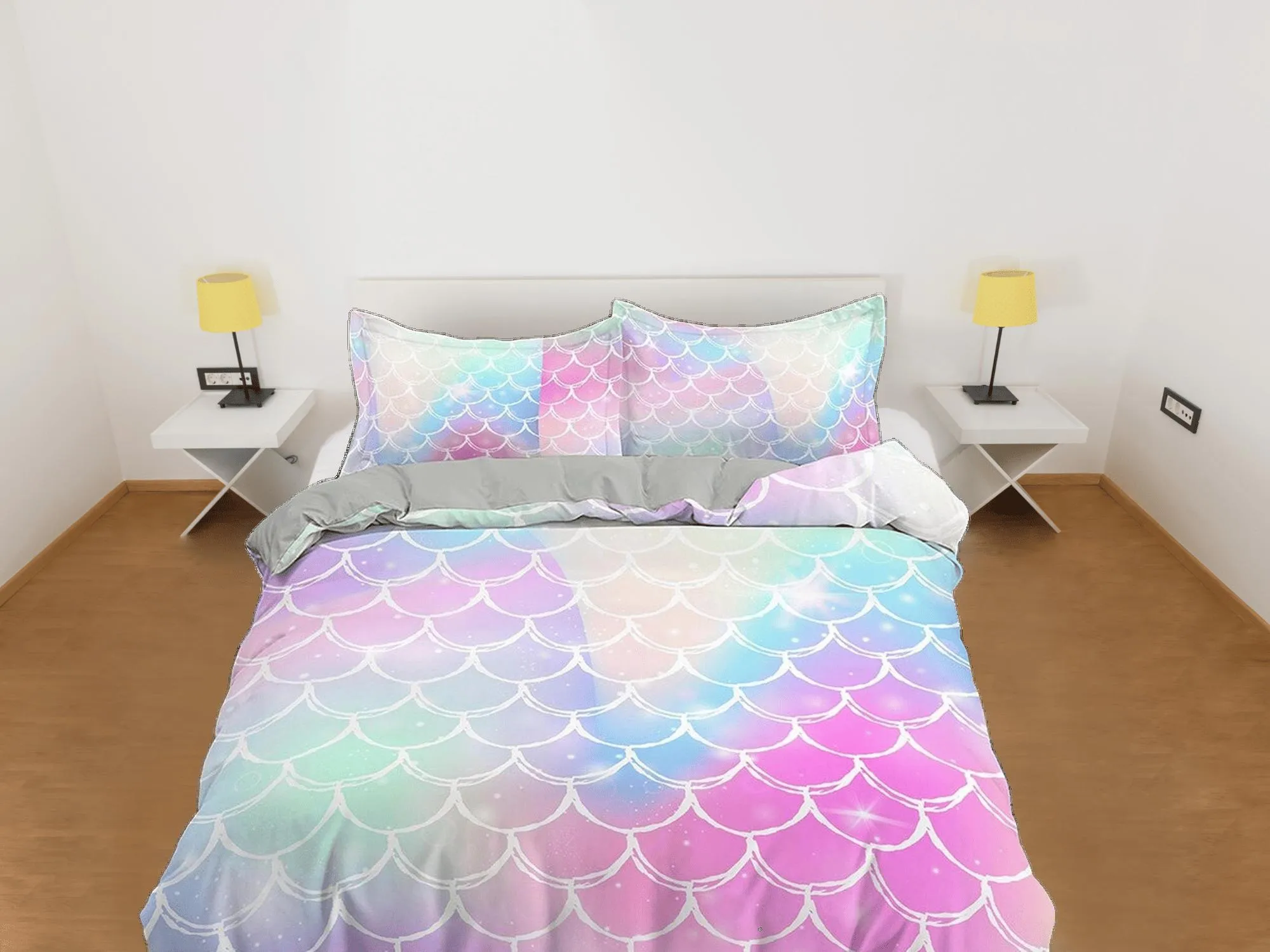 Pastel colored mermaid scales rainbow toddler bedding, duvet cover for nursery kids, crib bedding, baby zipper bedding, king queen full twin