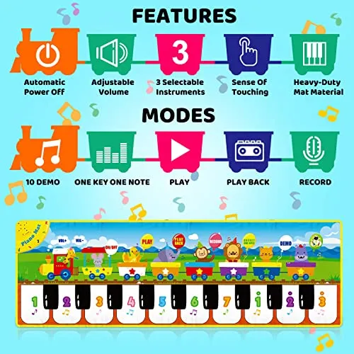RenFox Baby Musical Piano Mat, Floor Dance Toys with 10 Songs, 8 Animal Sounds, 5 Modes. Child Keyboard Blanket Music Touch Play Mat, Musical Early Educational Toys Gifts for Toddlers Girls Boys