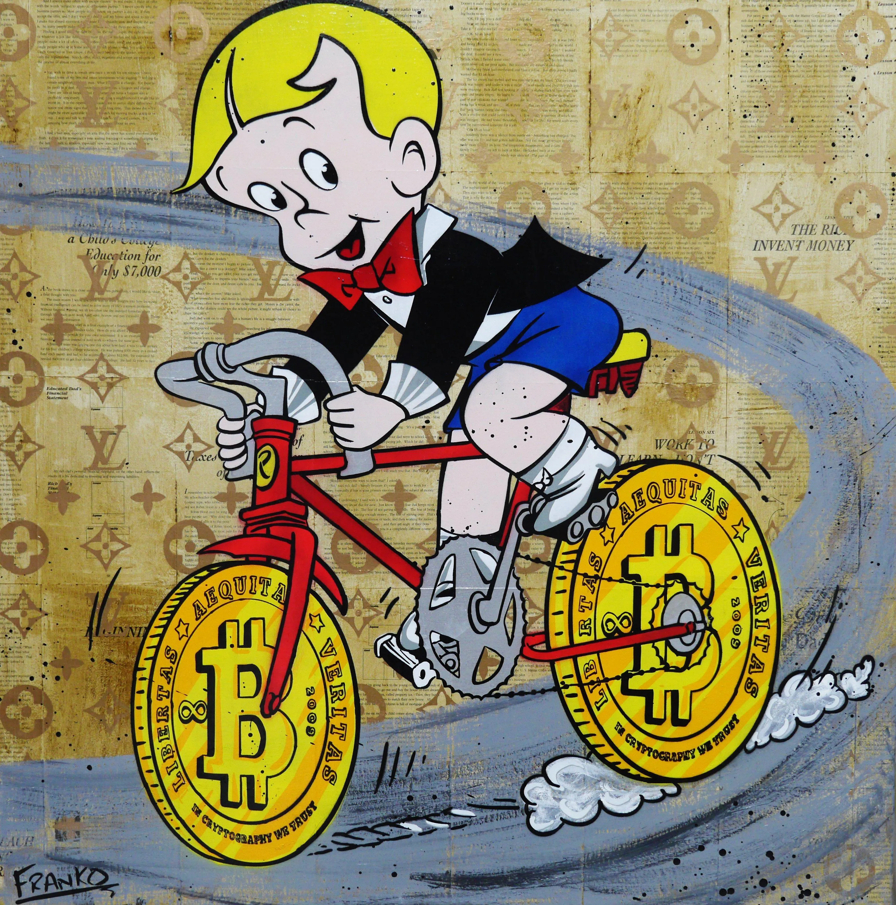 Riding Right Along 100cm x 100cm Richie Rich Bitcoin (SOLD)