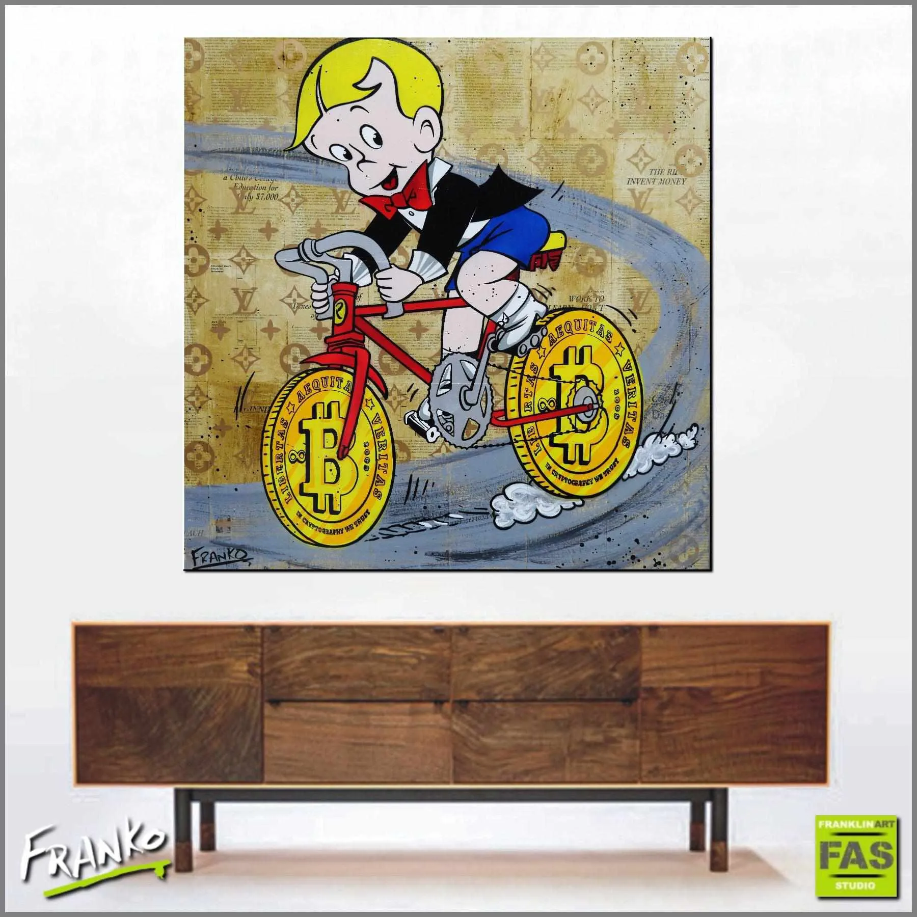 Riding Right Along 100cm x 100cm Richie Rich Bitcoin (SOLD)