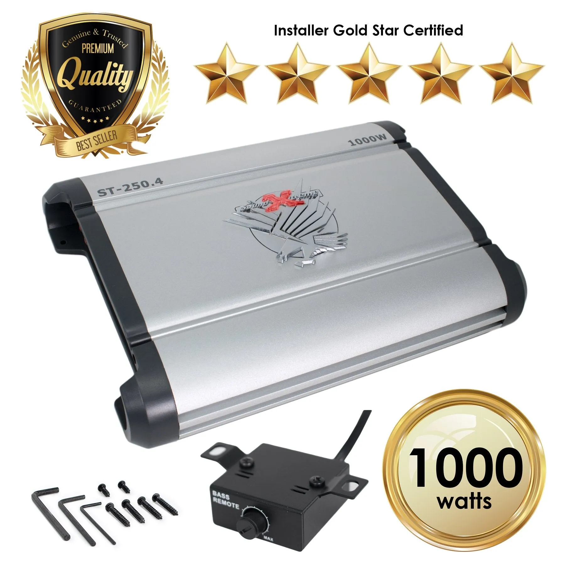 SoundXtreme ST-250.4 Four Channel Amplifier 2 Ohm Stable 1000W w/ Remote Subwoofer Level Control